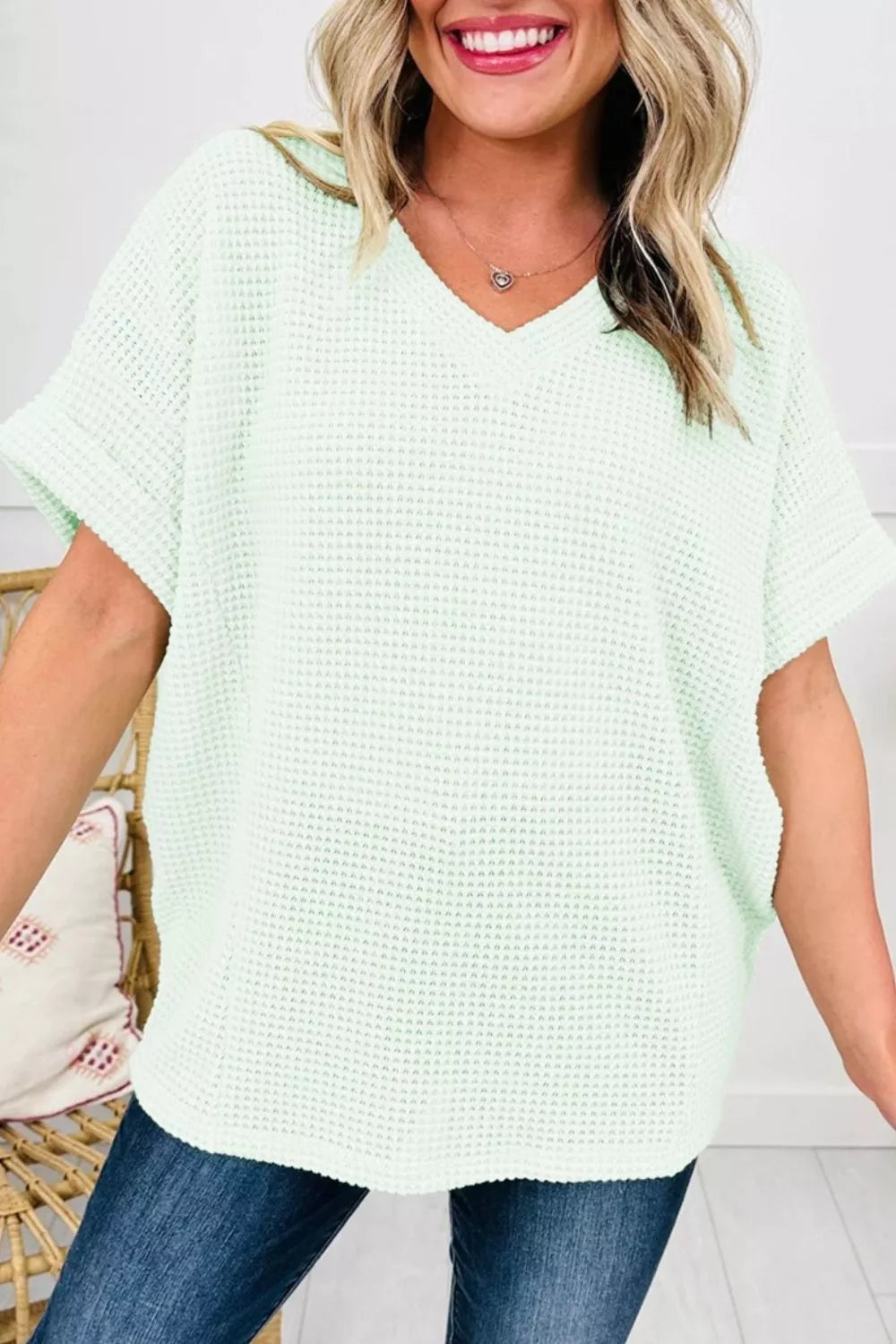 Chic waffle knit top women plus size v neck casual outfit