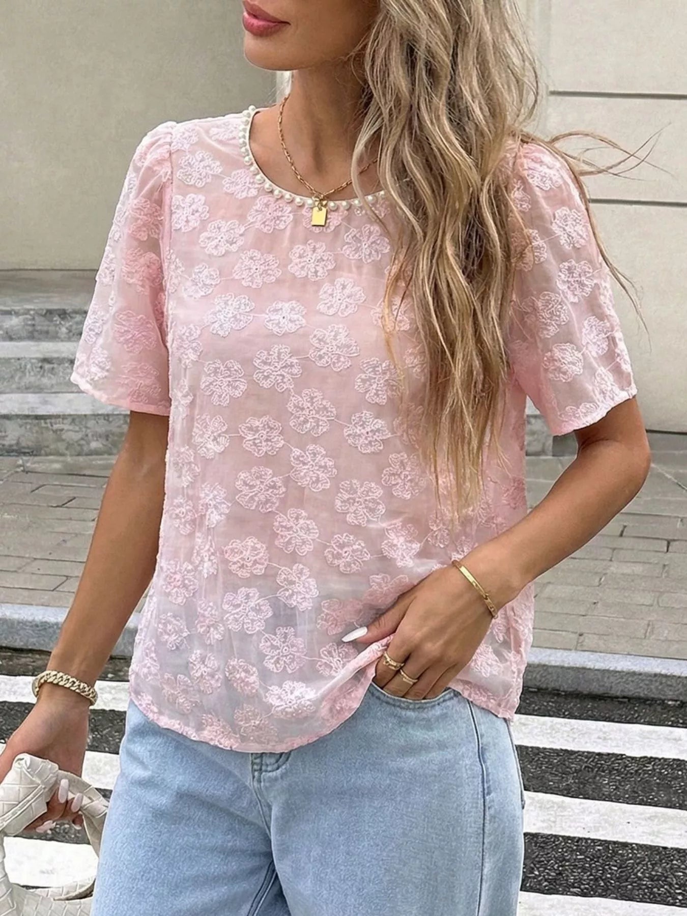 Women chic floral blouse pearl trim embroidery elegant look