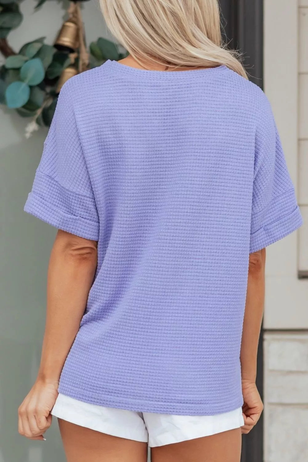 Waffle texture top women plus size v neck casual tee