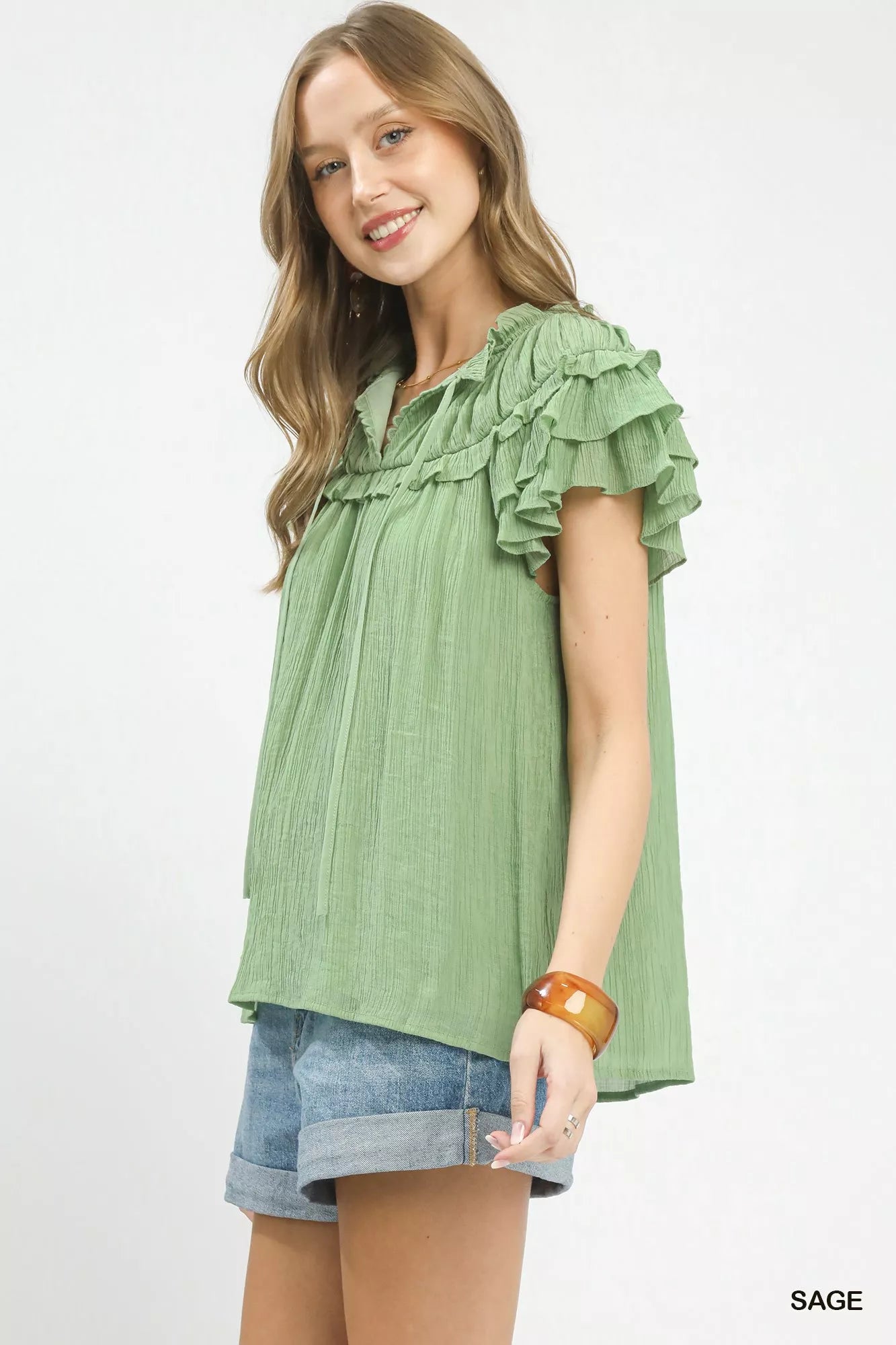 Trendy women blouse floral painting print flutter sleeve patchwork style