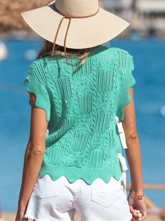 Stylish pointelle knit sweater for women scalloped trim short sleeve