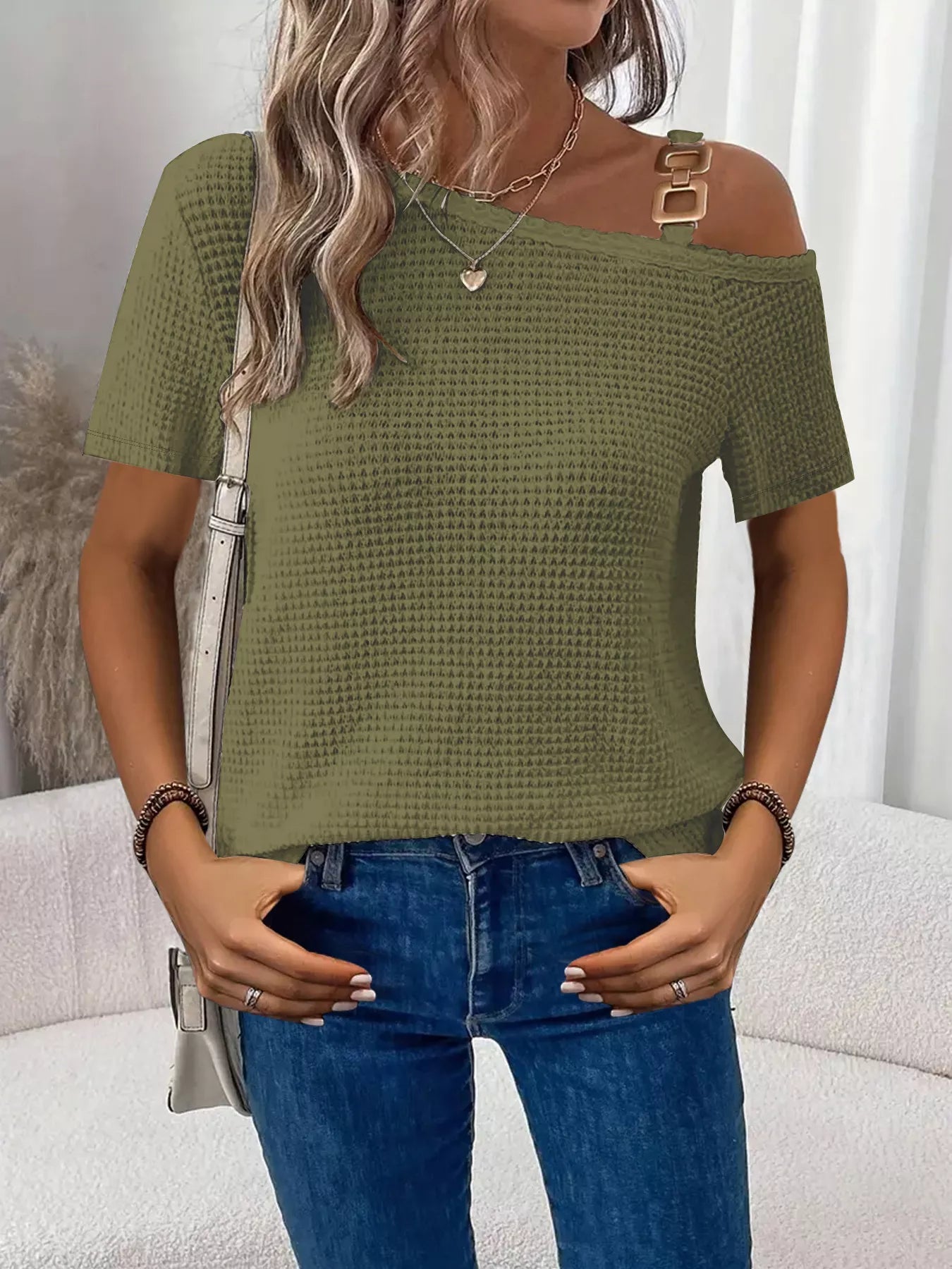 Relaxed fit waffle knit t shirt women one shoulder chain design