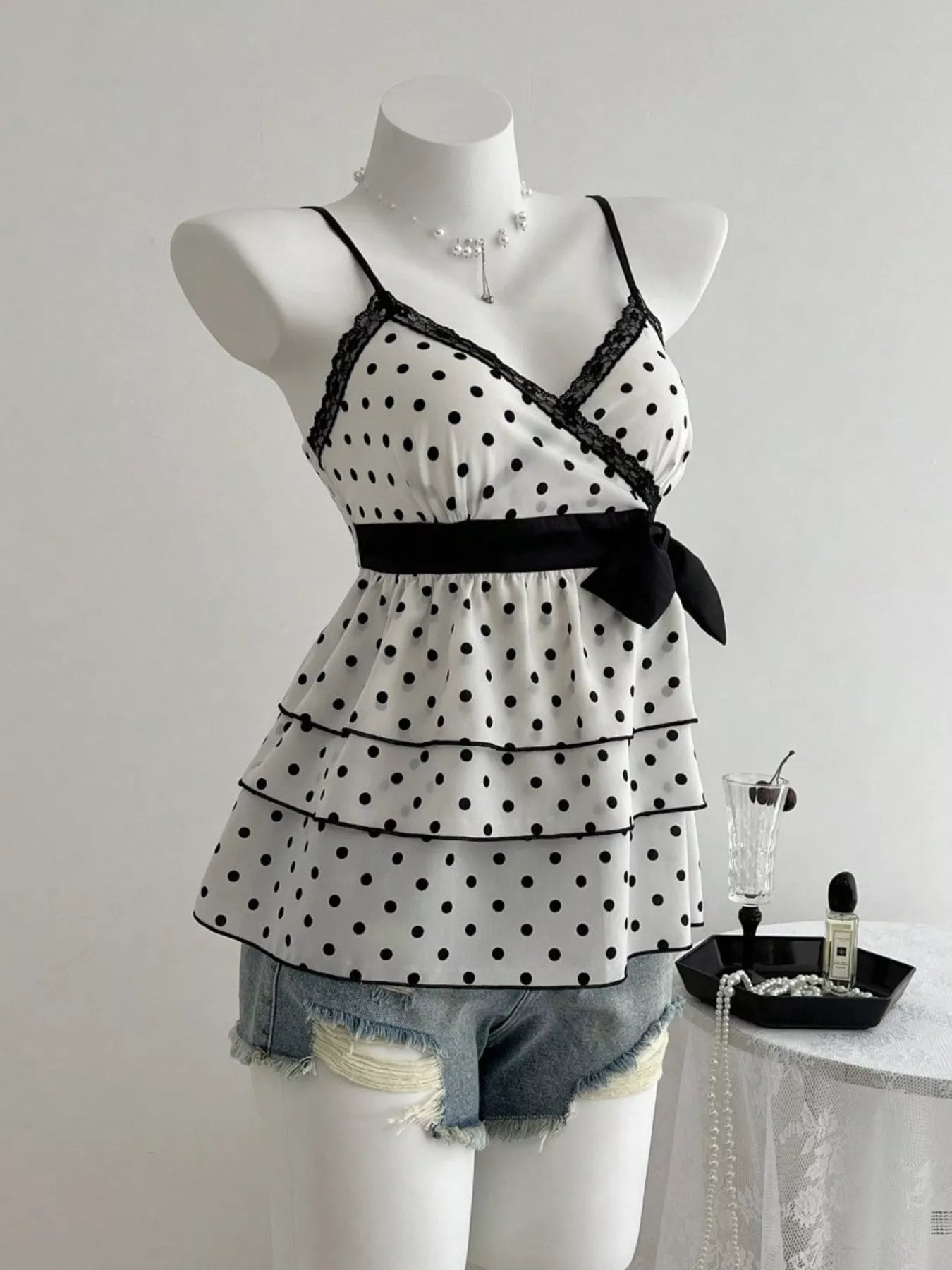 Ruffle hem cami women polka dot lace detail summer outfit