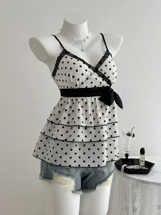 Ruffle hem cami women polka dot lace detail summer outfit