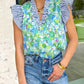 Floral painting print patchwork flutter sleeve blouse for women Elluxora