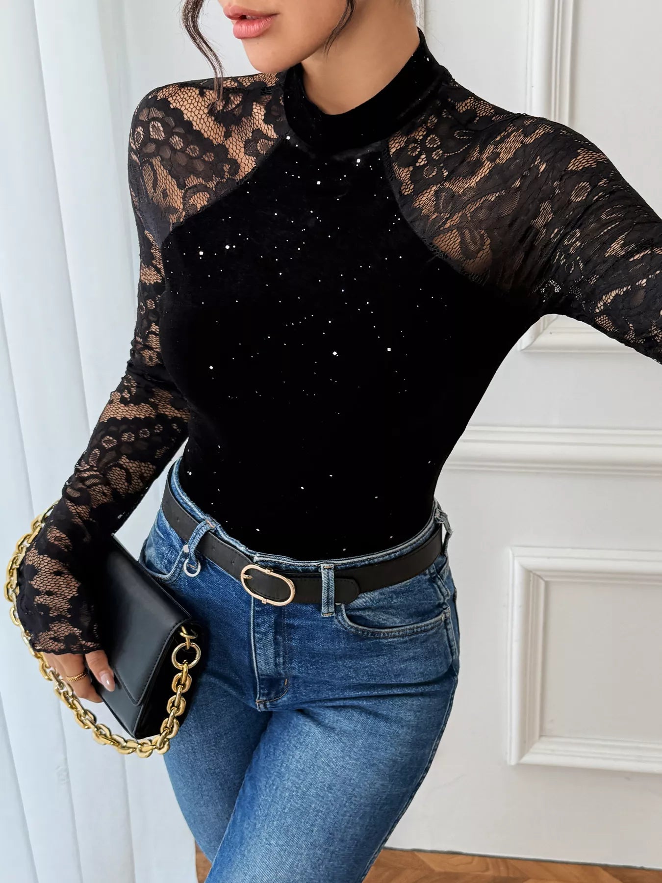 Sheer lace bodysuit women mock neck slim elegant fit