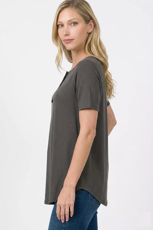 Women soft fabric button down top short sleeve Zenana style