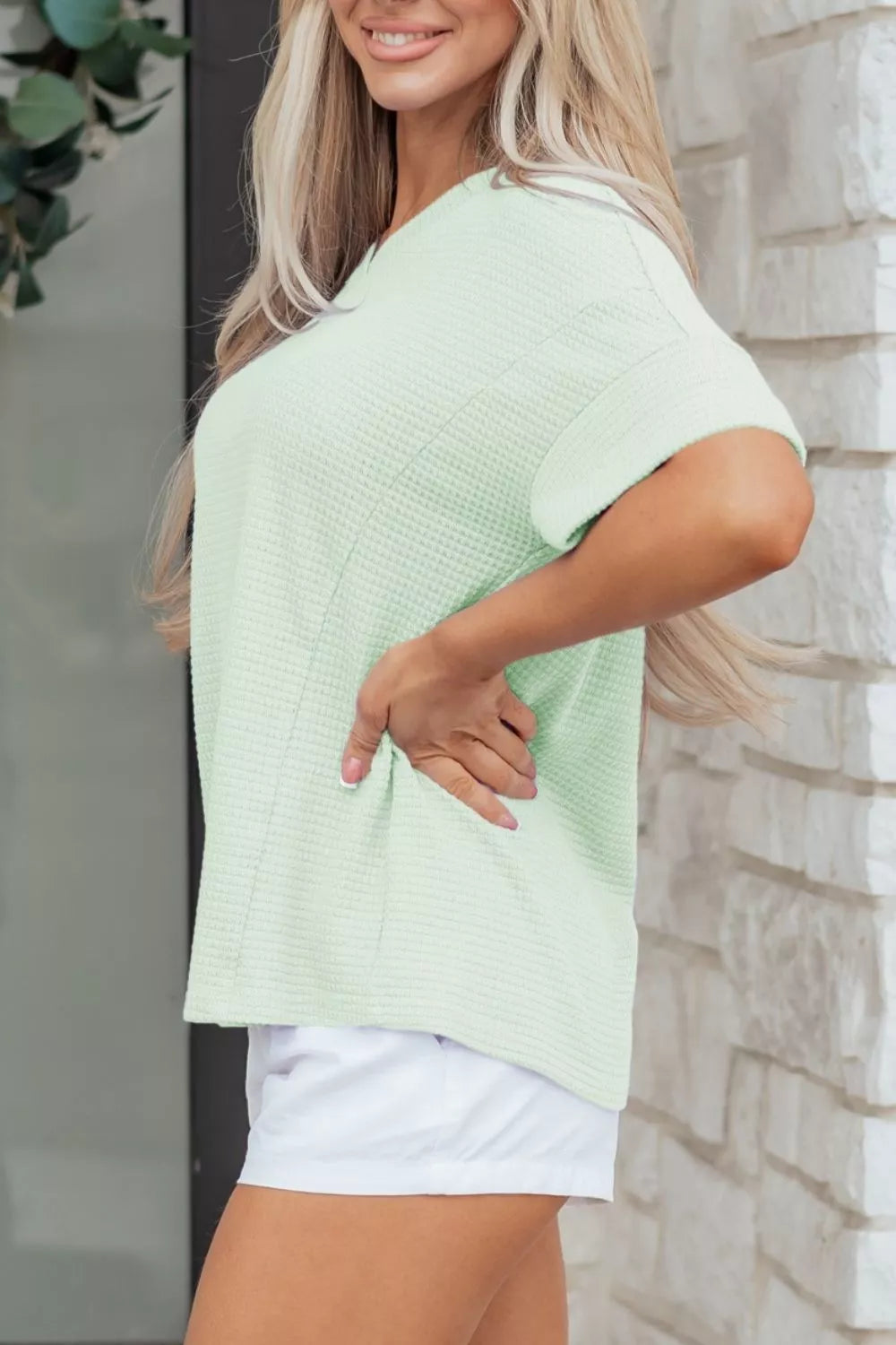 Comfortable women plus size waffle top short sleeve v neck
