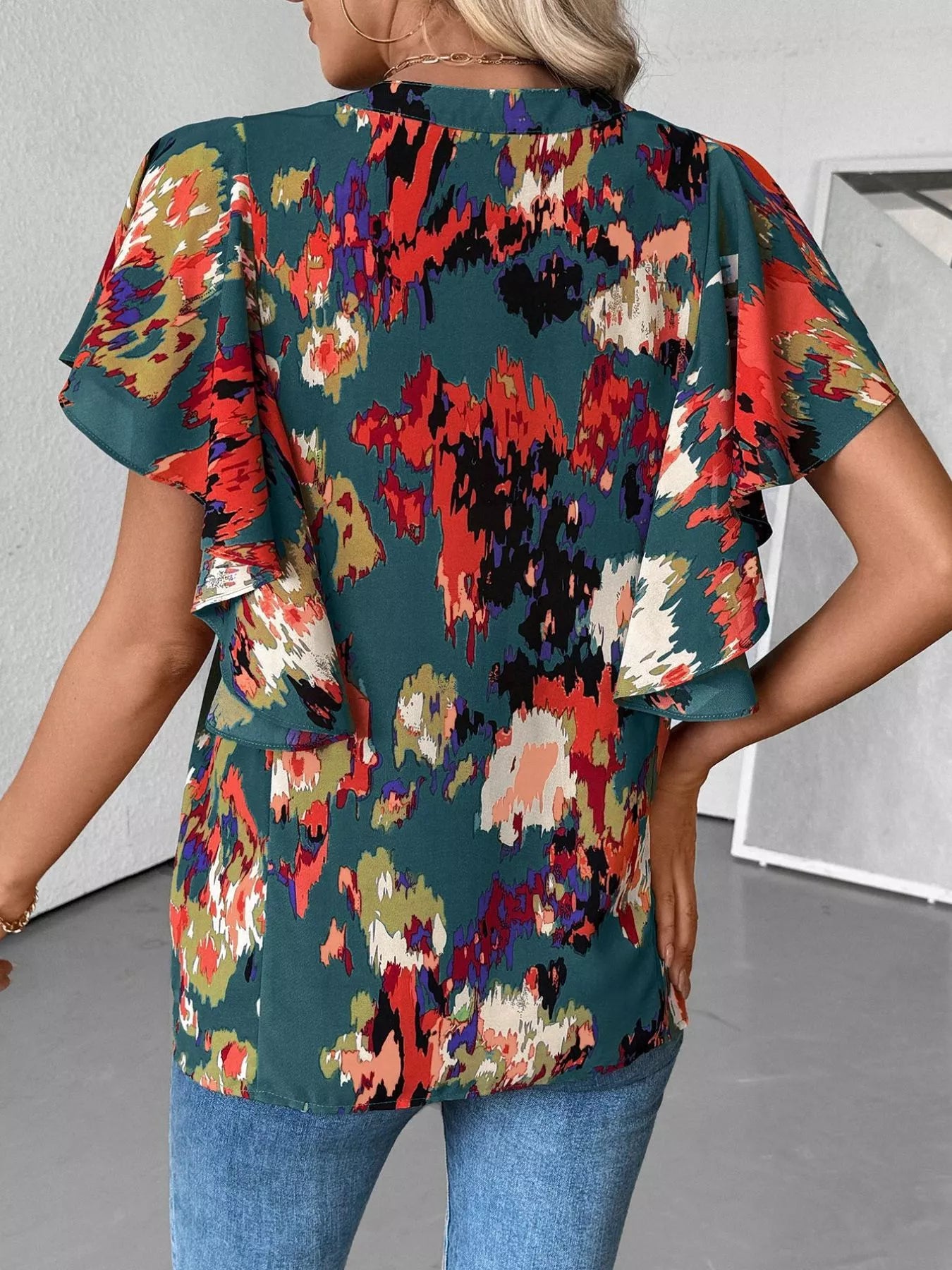 Trendy women blouse abstract print ruffle sleeve fashion style