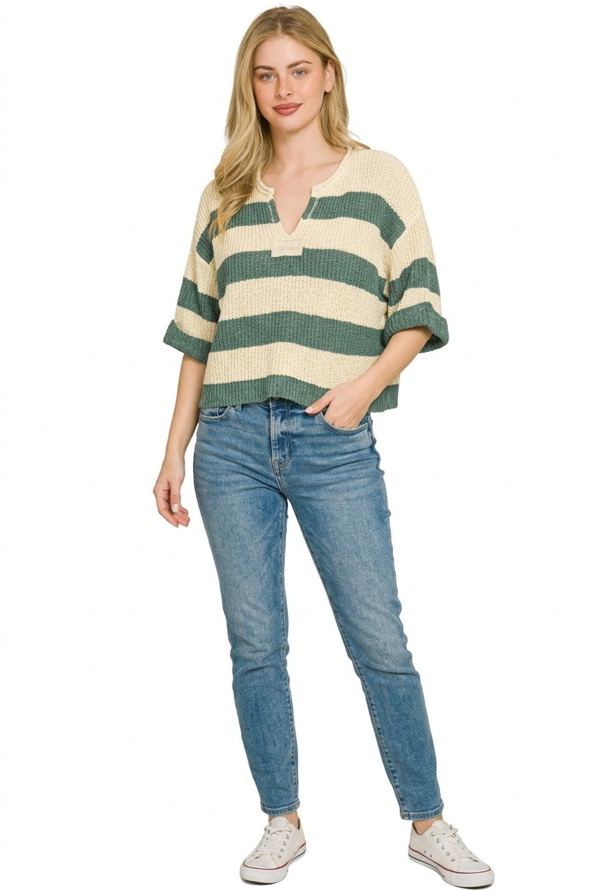 Stylish striped sweater for women split neck cropped knit top