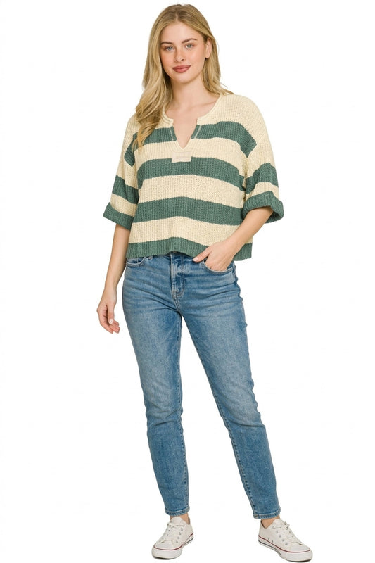 Stylish striped sweater for women split neck cropped knit top