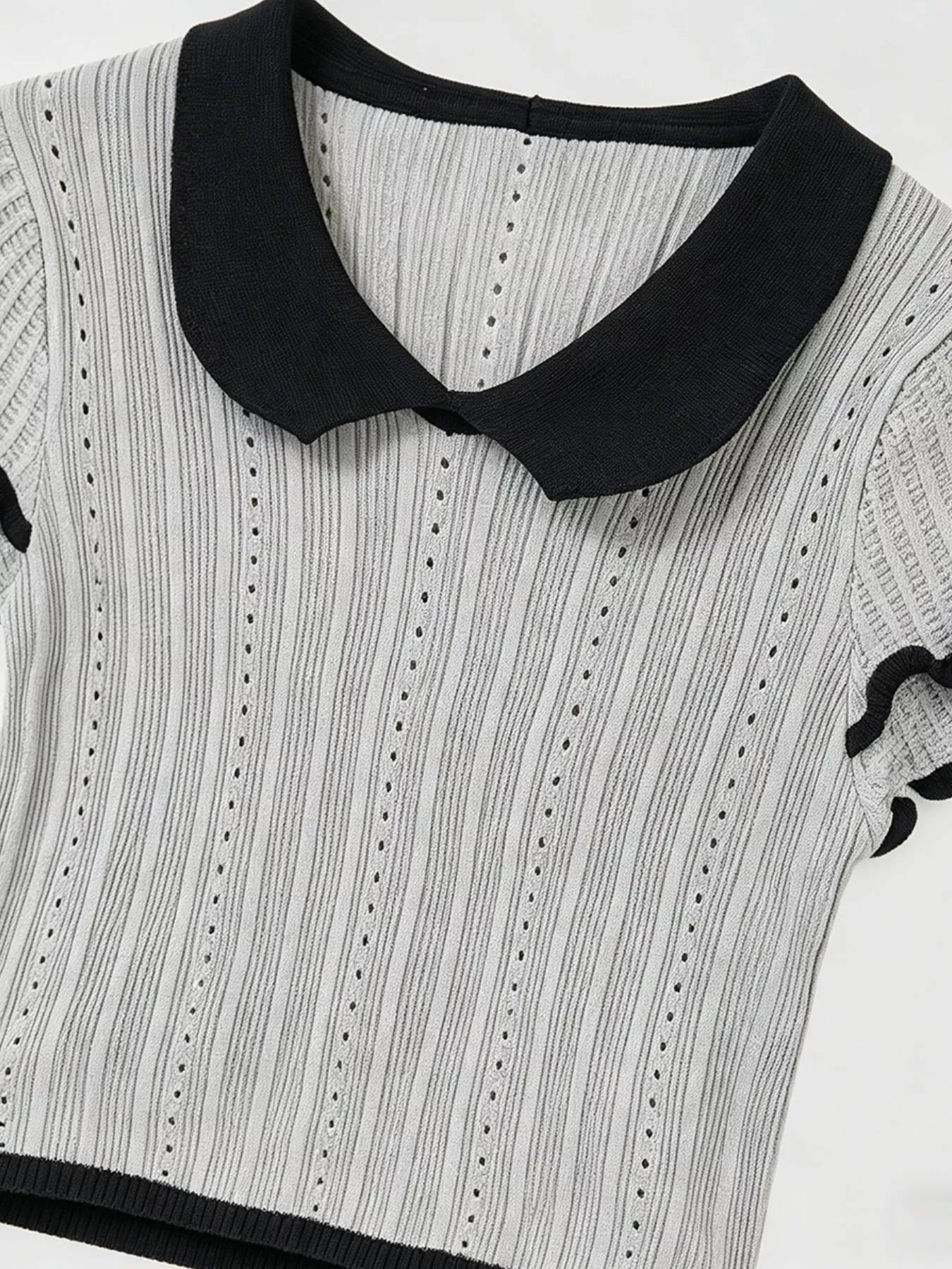 Casual women eyelet frill tee peter pan collar short sleeve outfit