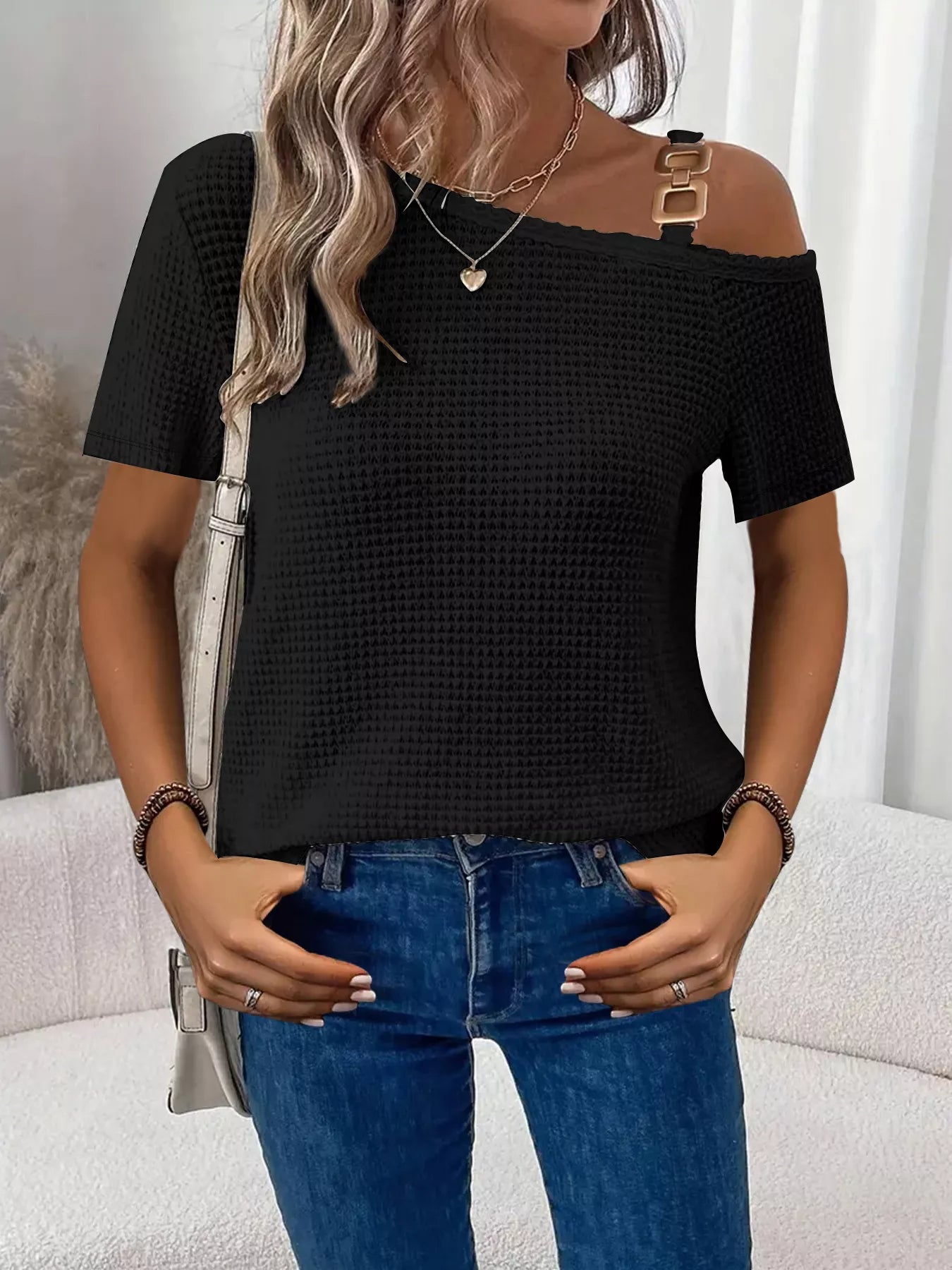 Women modern waffle knit t shirt one shoulder chain fit