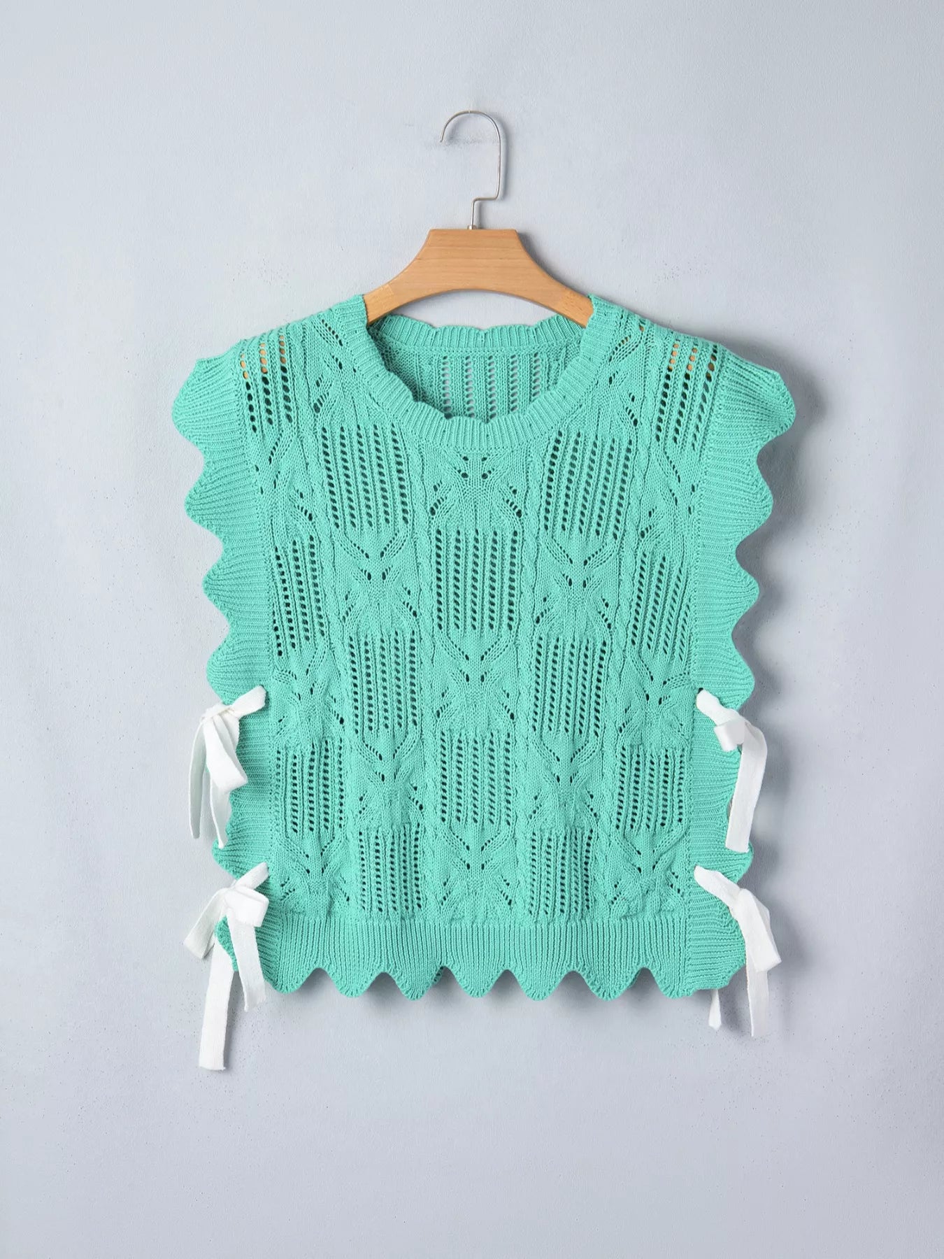 Trendy women sweater pointelle knit scalloped edge short sleeve