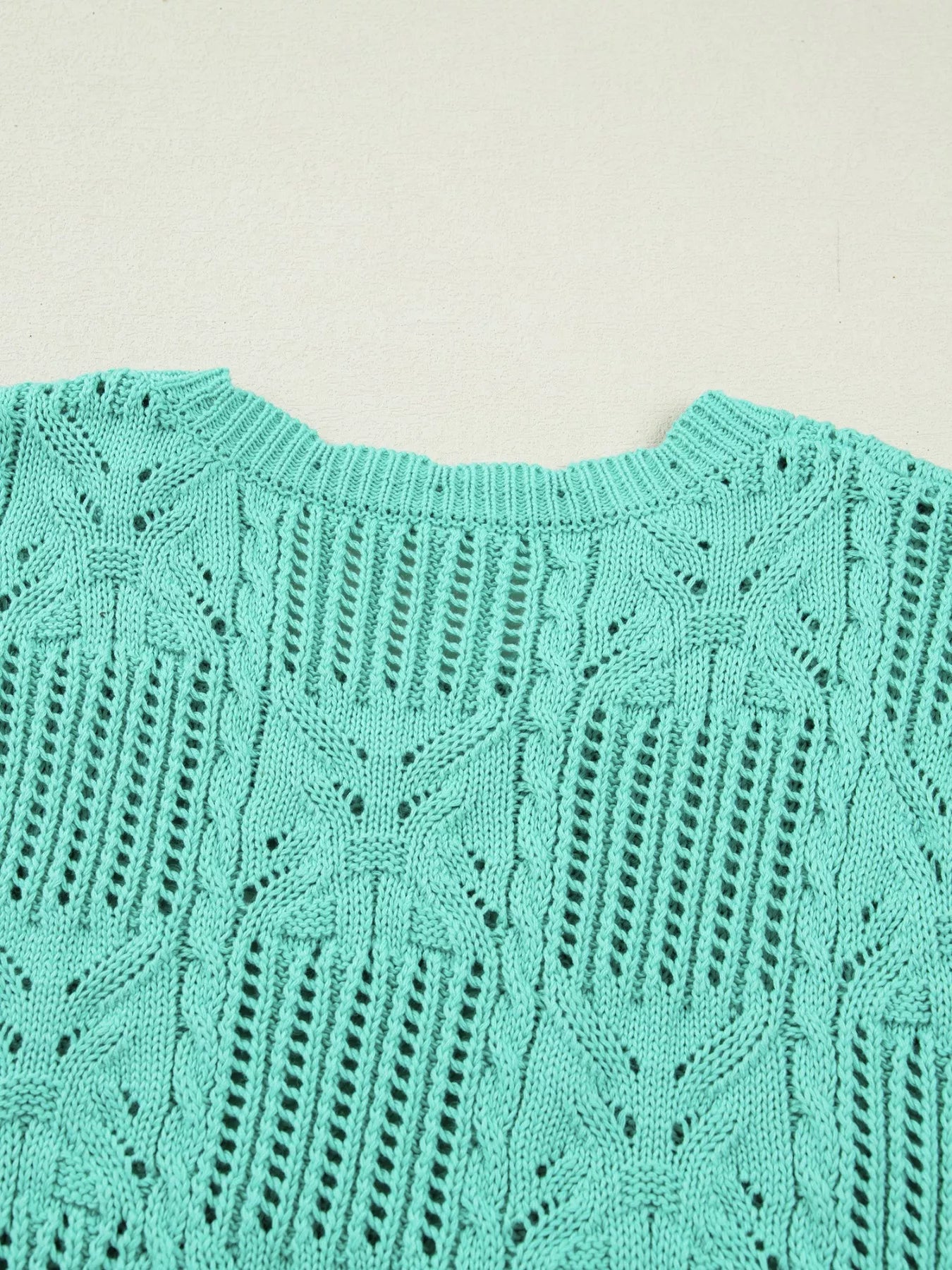 Chic women sweater pointelle knit scalloped trim short sleeve outfit
