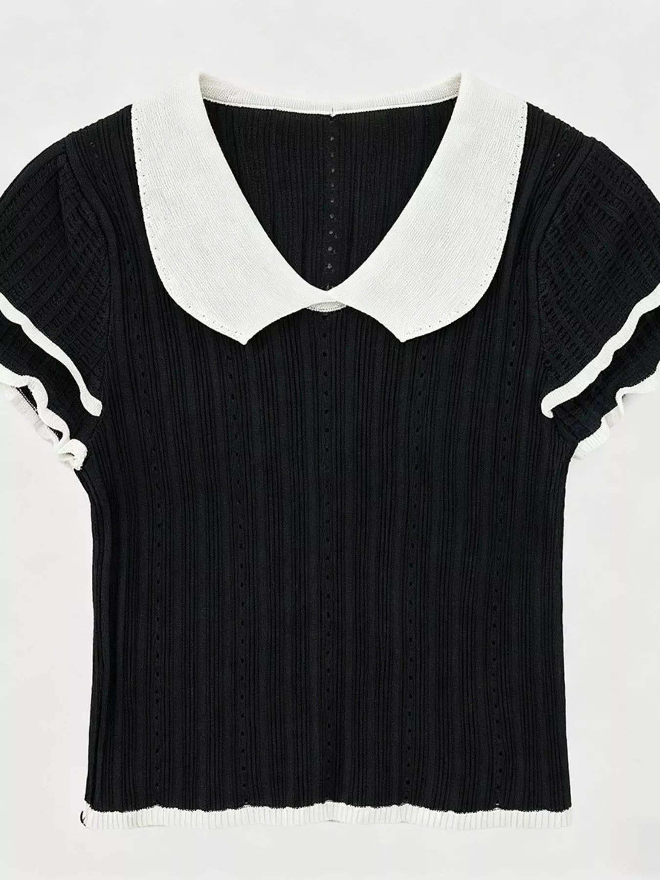 Soft fabric peter pan collar t shirt women eyelet frill look