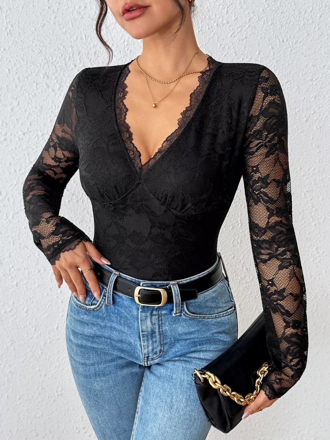 Lace long sleeve bodysuit for women elegant sheer fit Elluxora