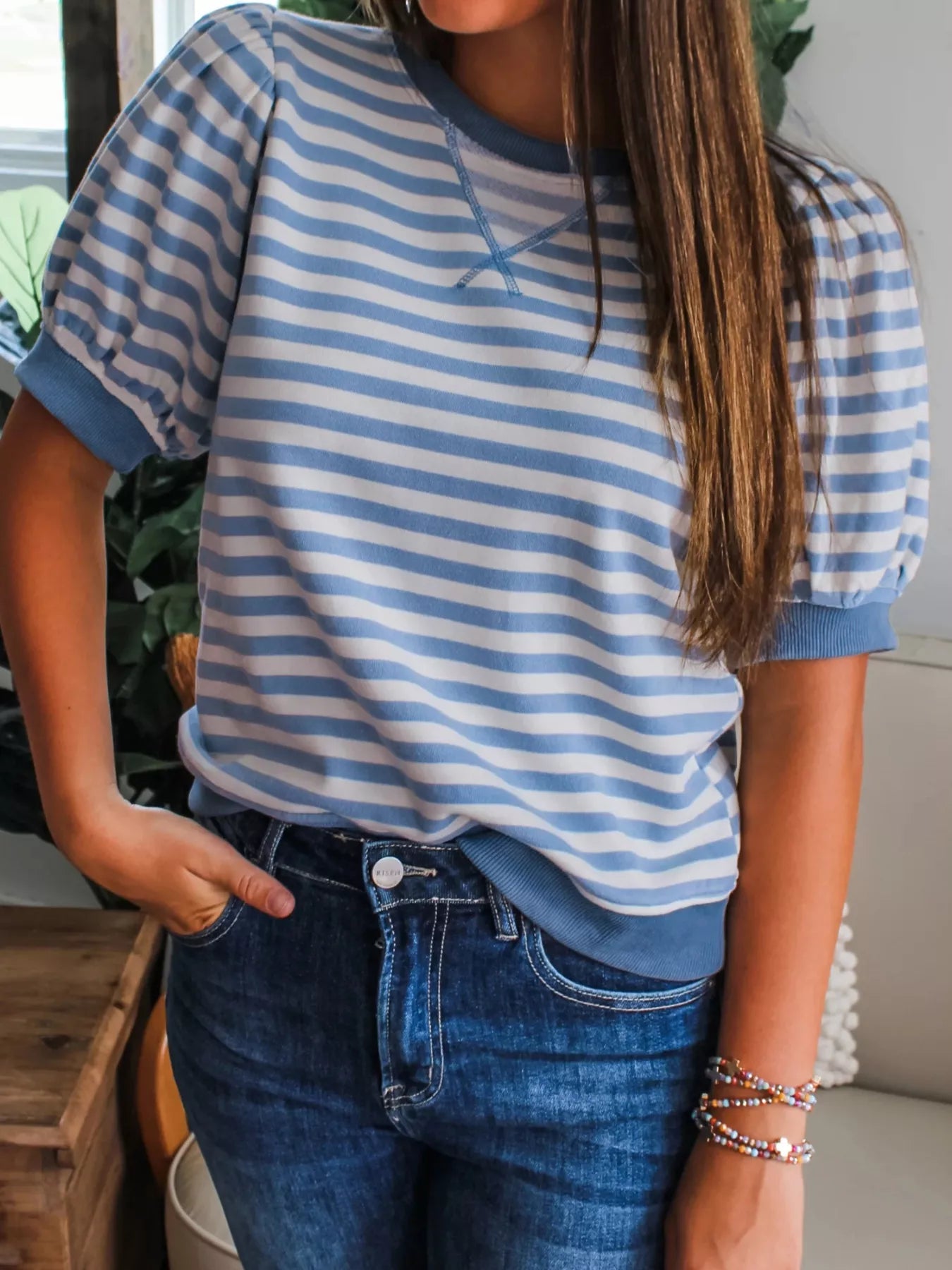 Trendy women t shirt striped bubble sleeve short sleeve style