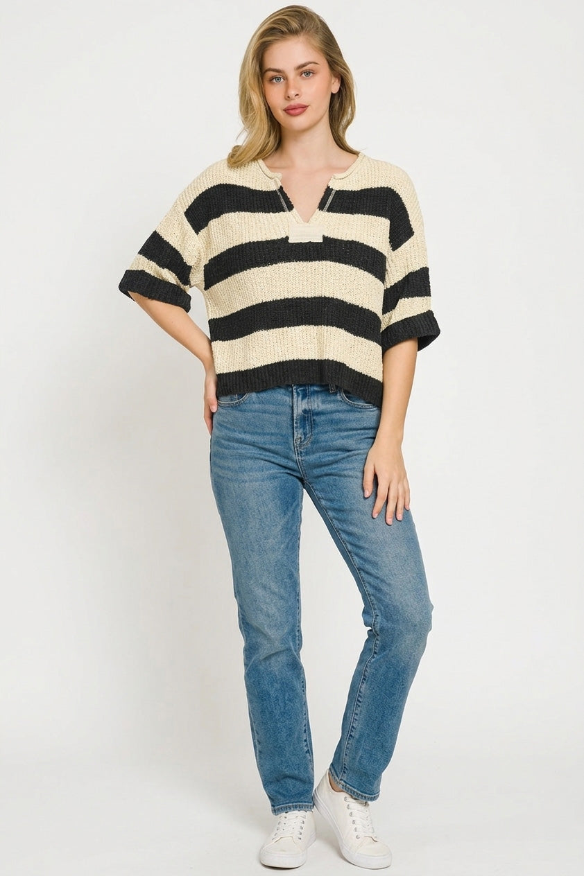 Trendy women knit top Zenana stripe sweater split neck lightweight