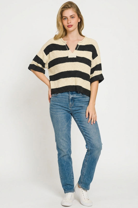 Trendy women knit top Zenana stripe sweater split neck lightweight