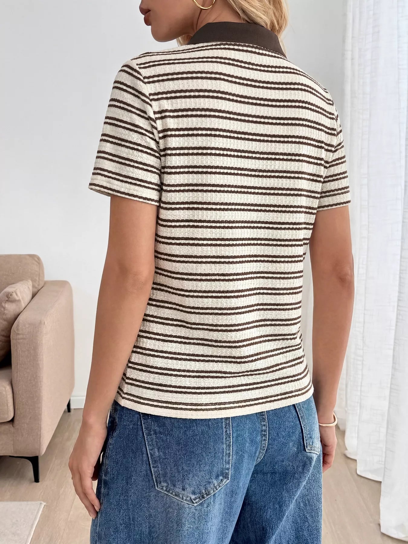 Lightweight striped polo shirt women short sleeve summer top