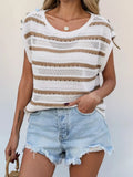 Openwork round neck cap sleeve knit top for women lightweight Elluxora