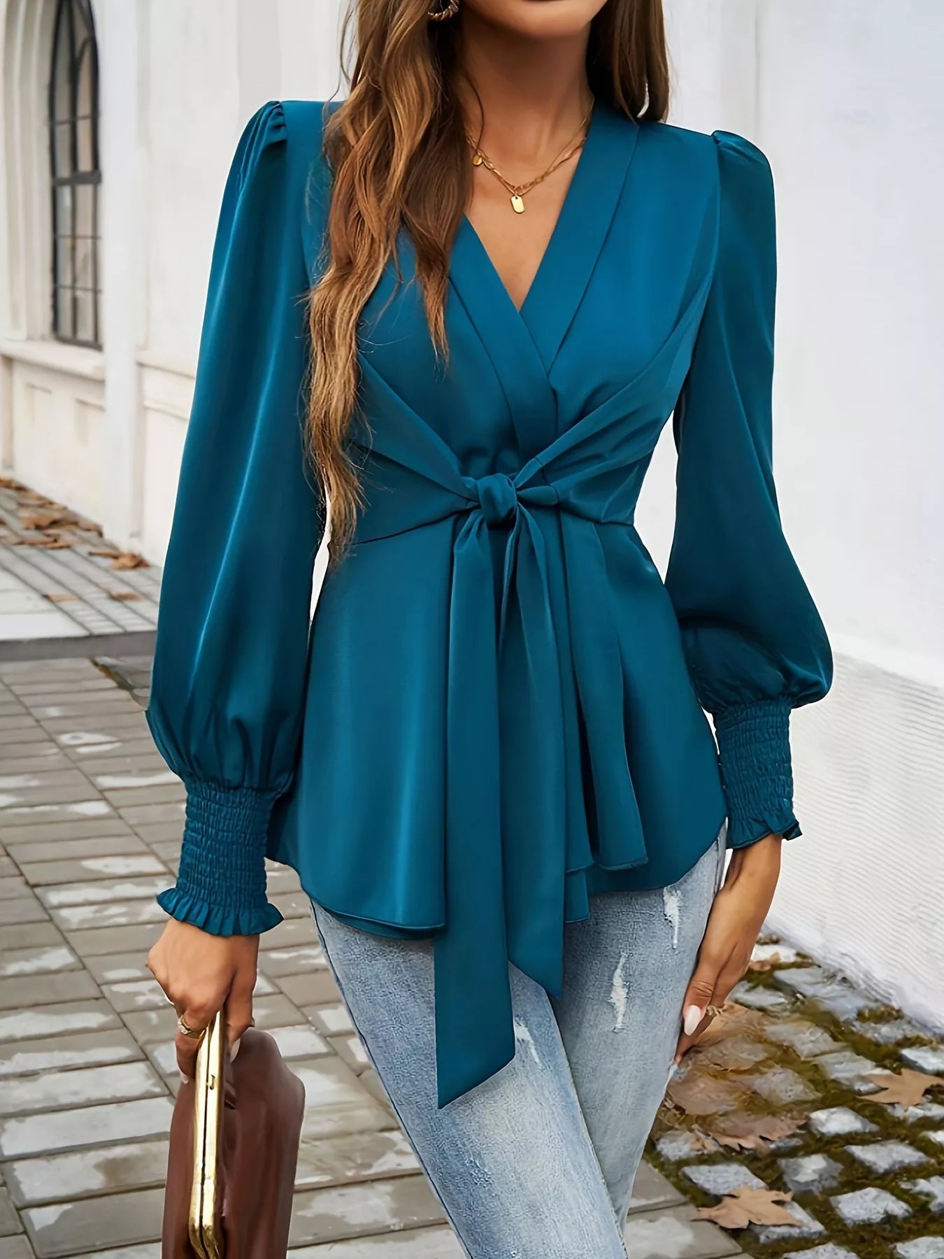 Knot front lantern sleeve blouse for women elegant fit Elluxora 