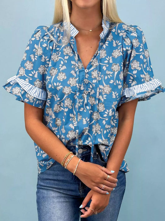 Floral print ruffle sleeve blouse for women cotton top Elluxora 