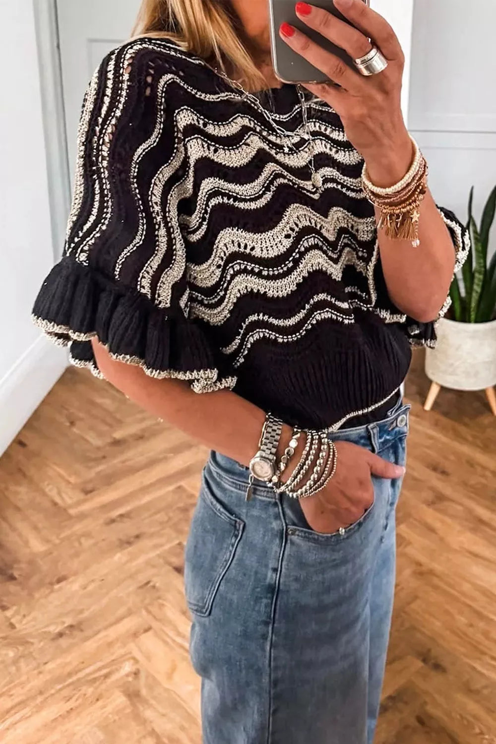 Trendy women sweater wave pattern openwork knit ruffle sleeve style 