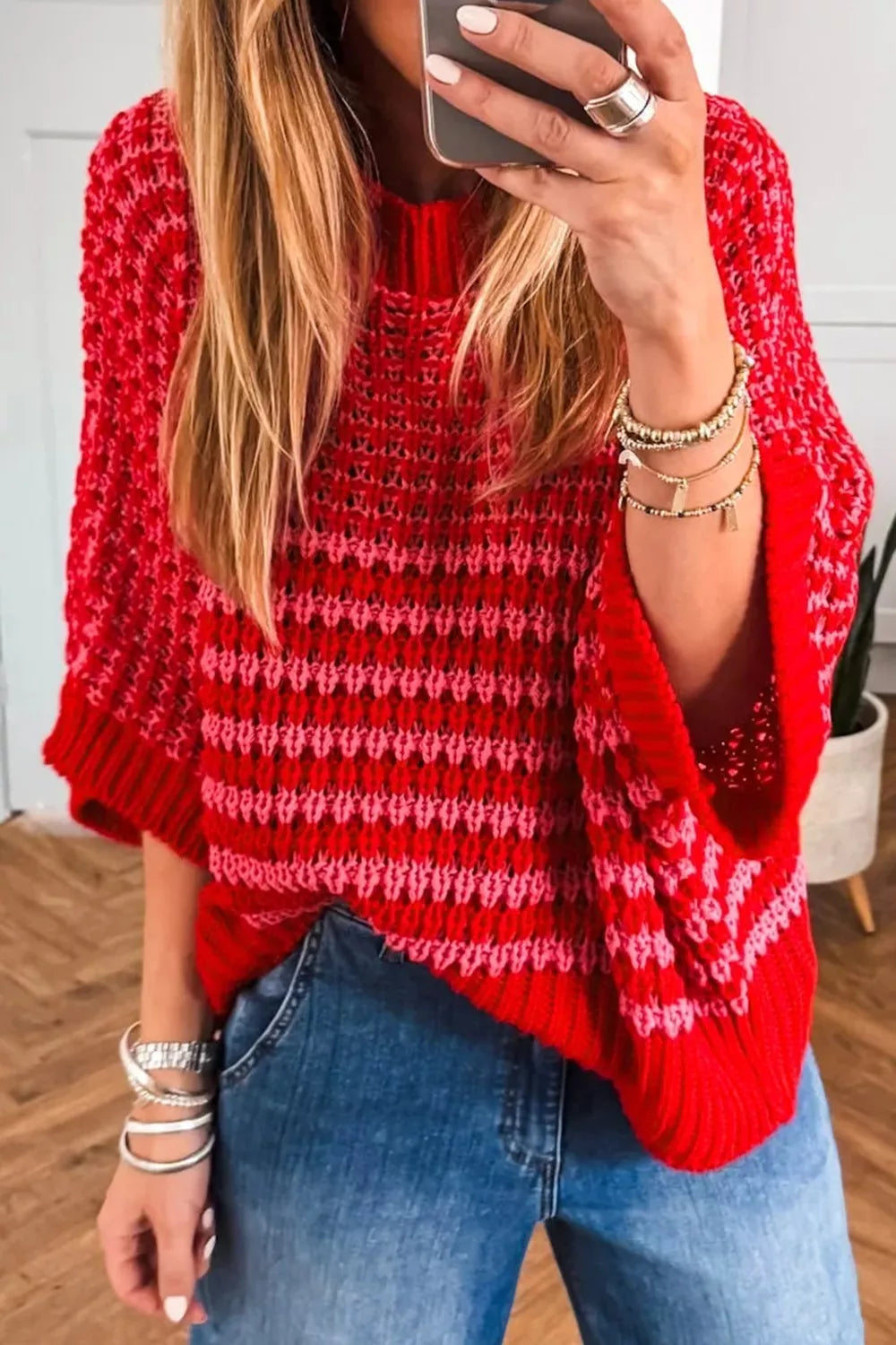 Stripe wavy crochet eyelet ruffle half sleeve sweater for women Elluxora