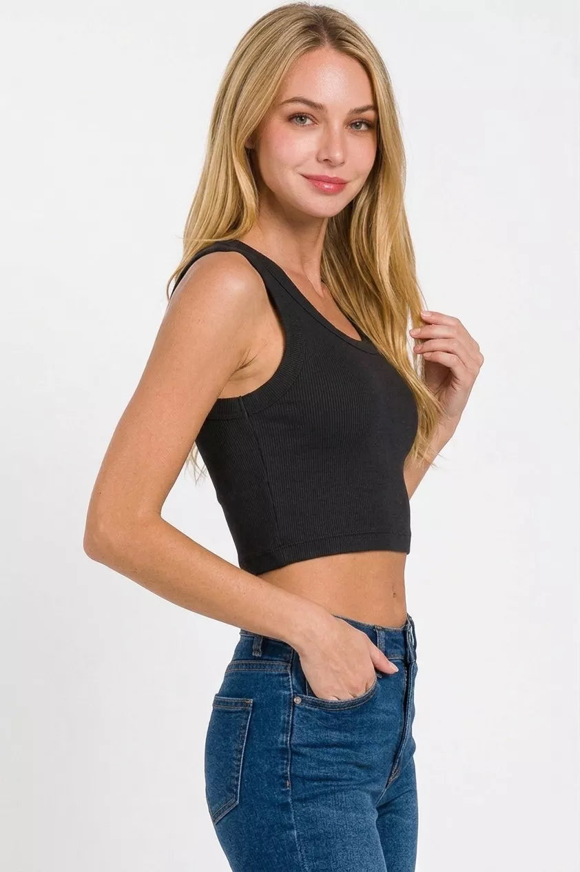 Ribbed knit cropped tank women scoop neckline casual top