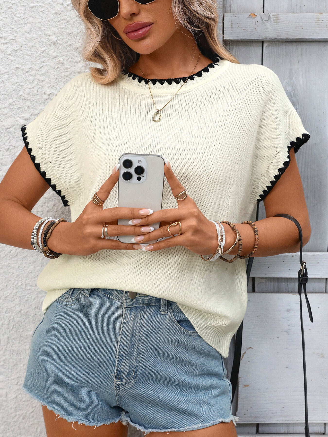 Women fashion ribbed knit top short sleeve contrast trim Elluxora