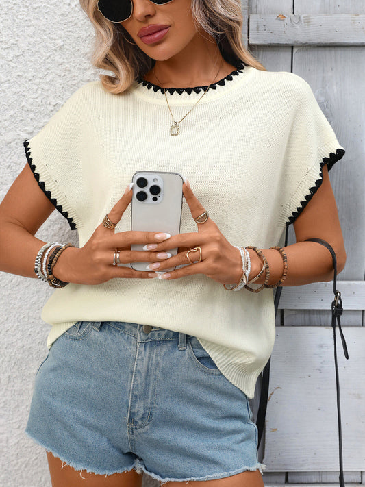 Women fashion ribbed knit top short sleeve contrast trim Elluxora