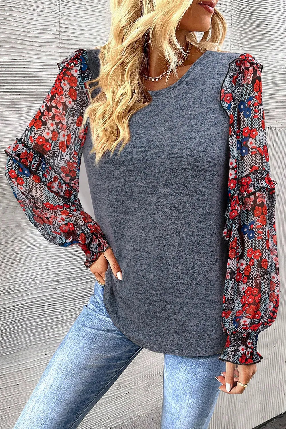 Women heathered floral blouse frill lantern sleeve Elluxora