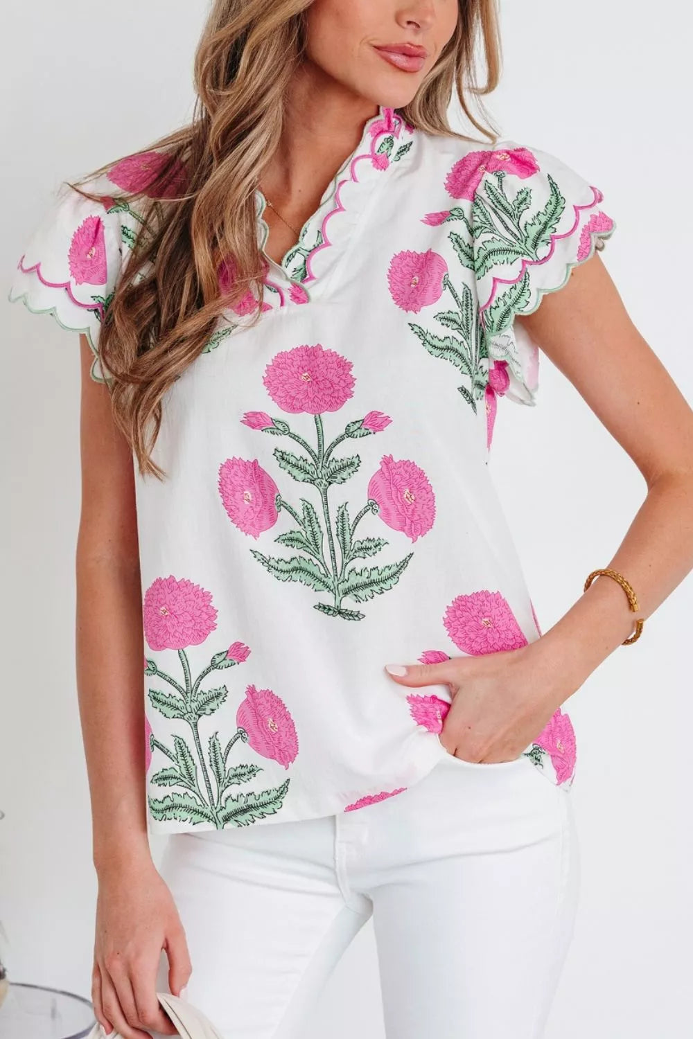 Women layered blouse v neck contrast scallop trim Elluxora