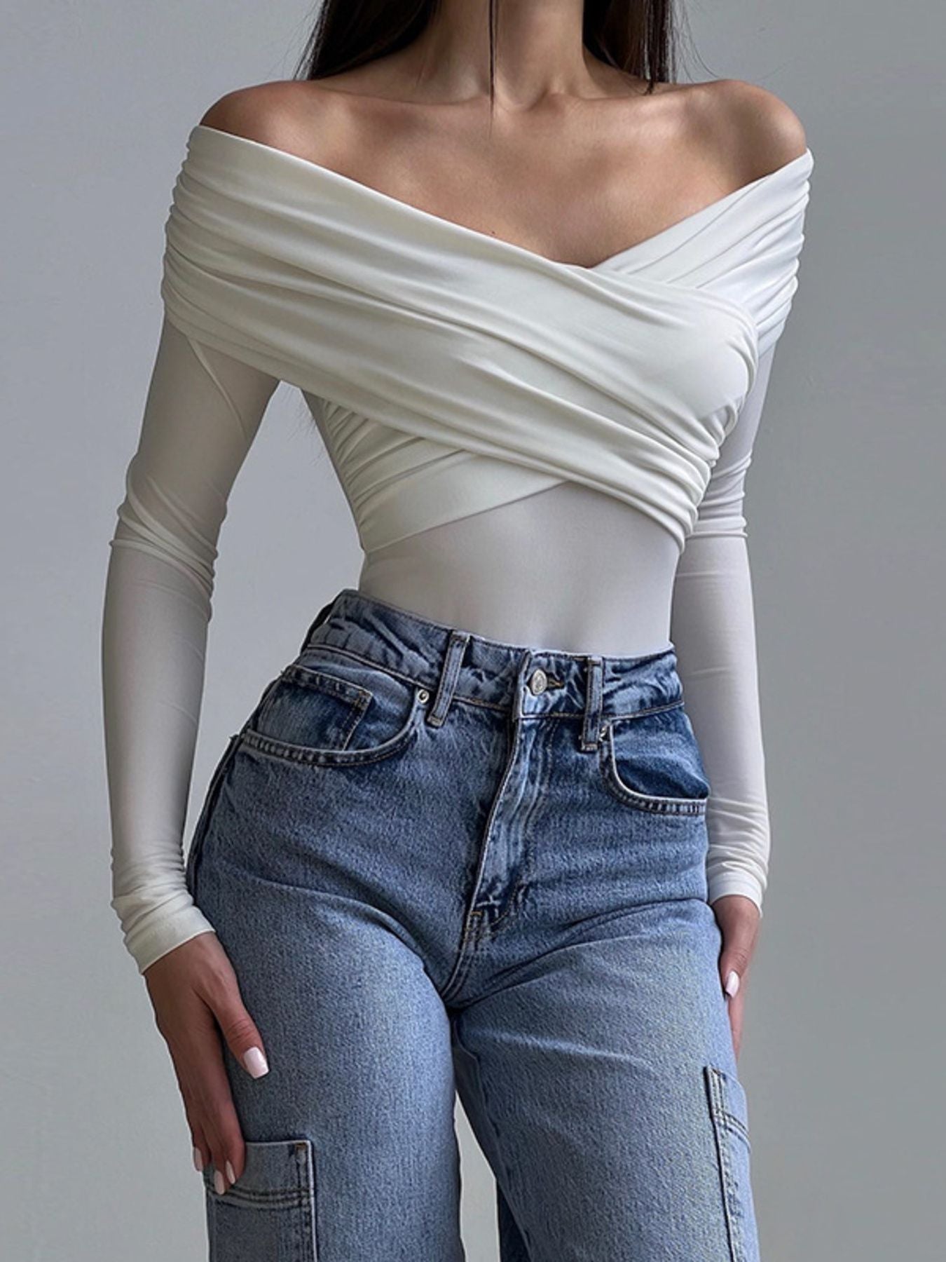 Women slim fit bodysuit off-shoulder ruched long sleeve style