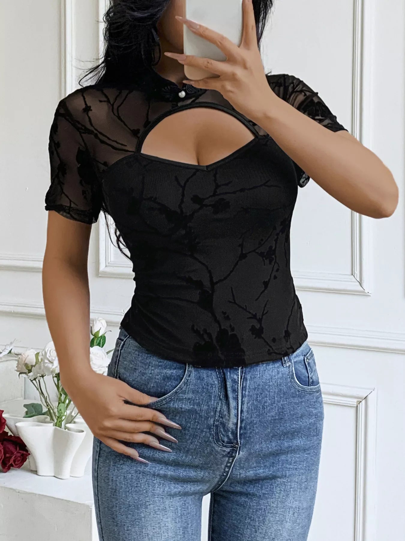 Front cutout t shirt women short sleeve stretch casual style