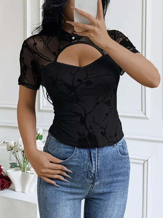 Front cutout t shirt women short sleeve stretch casual style