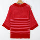 Trendy women sweater crochet eyelet ruffle half sleeve striped style