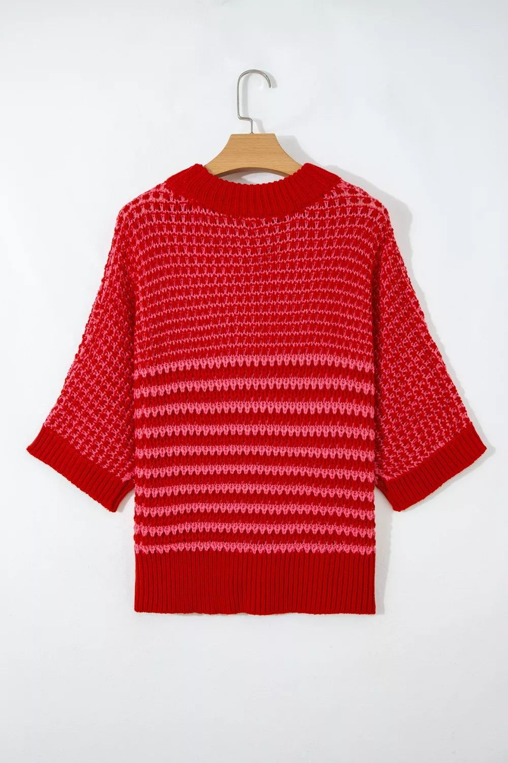 Trendy women sweater crochet eyelet ruffle half sleeve striped style
