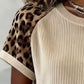 Women ribbed tee color block leopard sleeves loose fit top