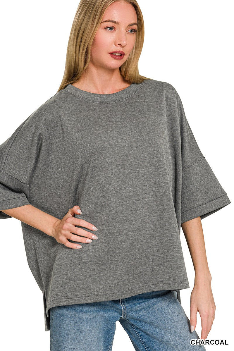 Stylish scuba knit top women round neck side slit detail