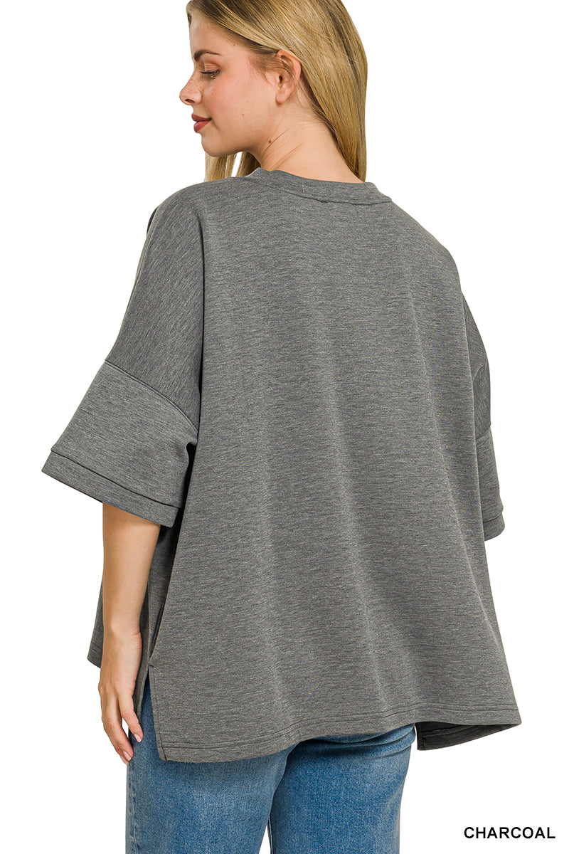 Scuba fabric top women round neck side slits relaxed fit