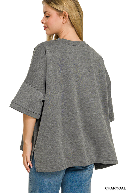 Scuba fabric top women round neck side slits relaxed fit