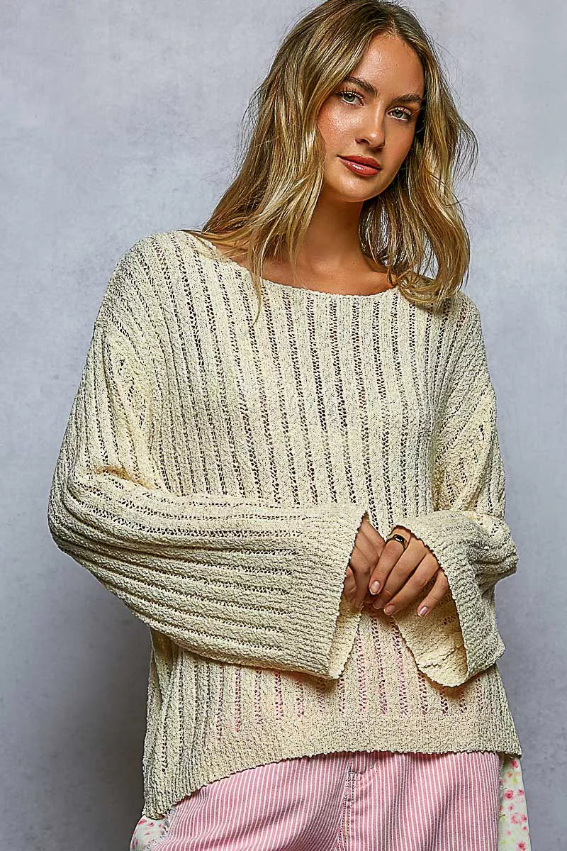 Women POL open weave sweater round neck long sleeve Elluxora