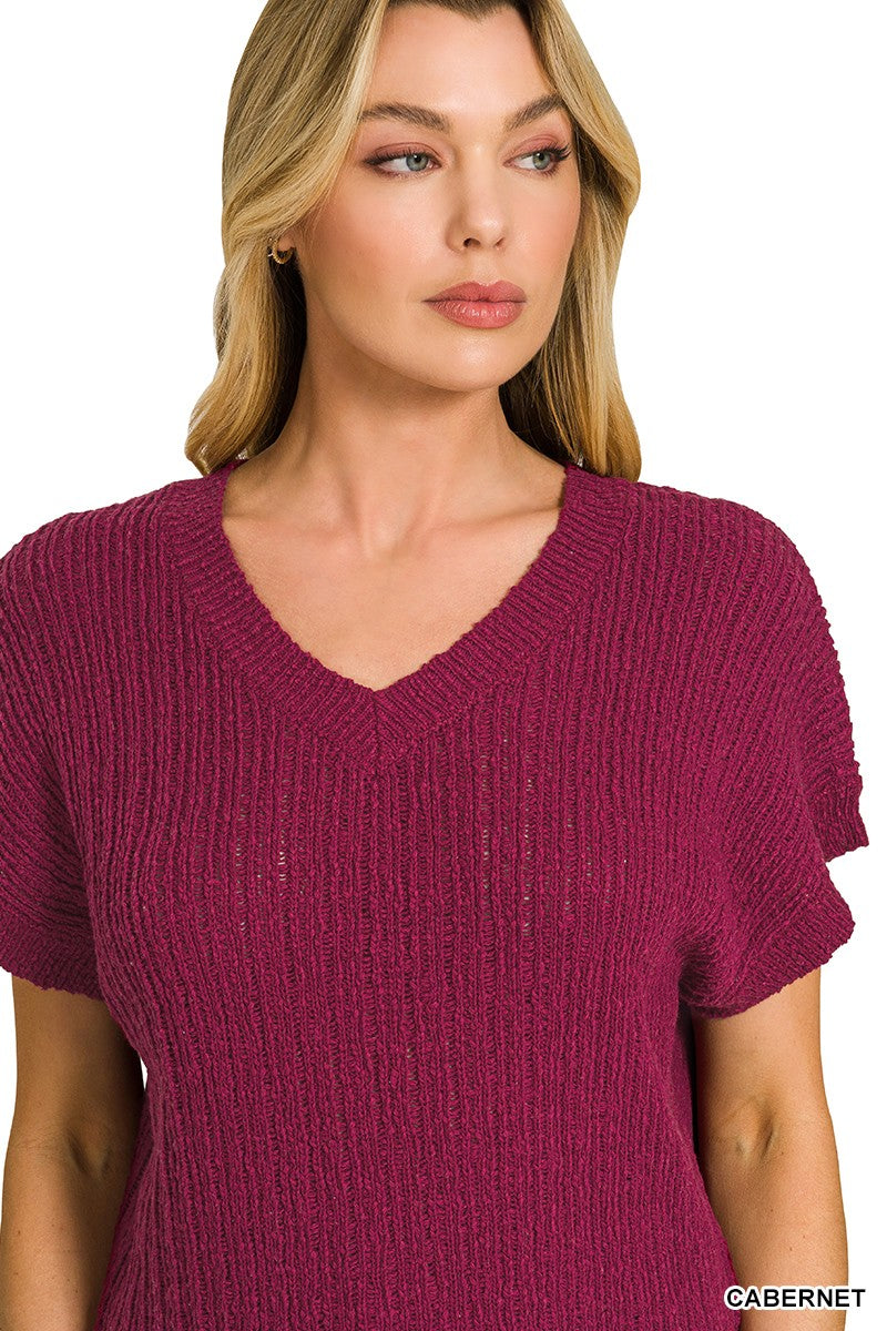 Fashion v neck cropped sweater for women textured knit cotton pullover