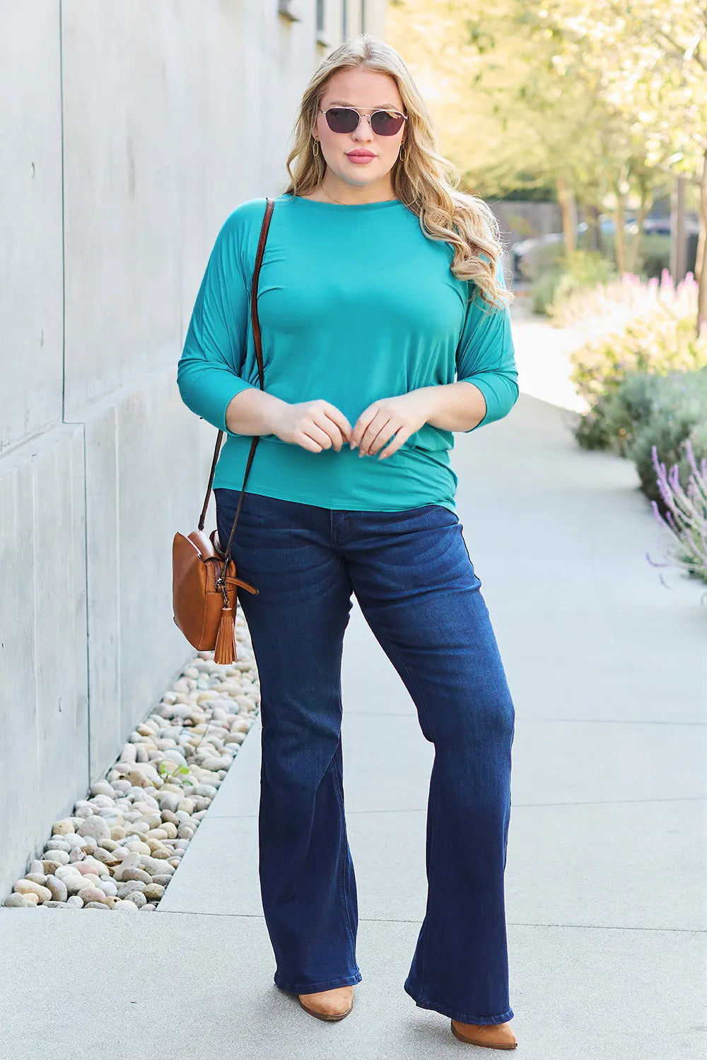 Relaxed fit batwing sleeve top for women round neck full size Elluxora