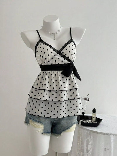 Polka Dot Ruffle Hem Cami with Lace Trim for Women | Elluxora