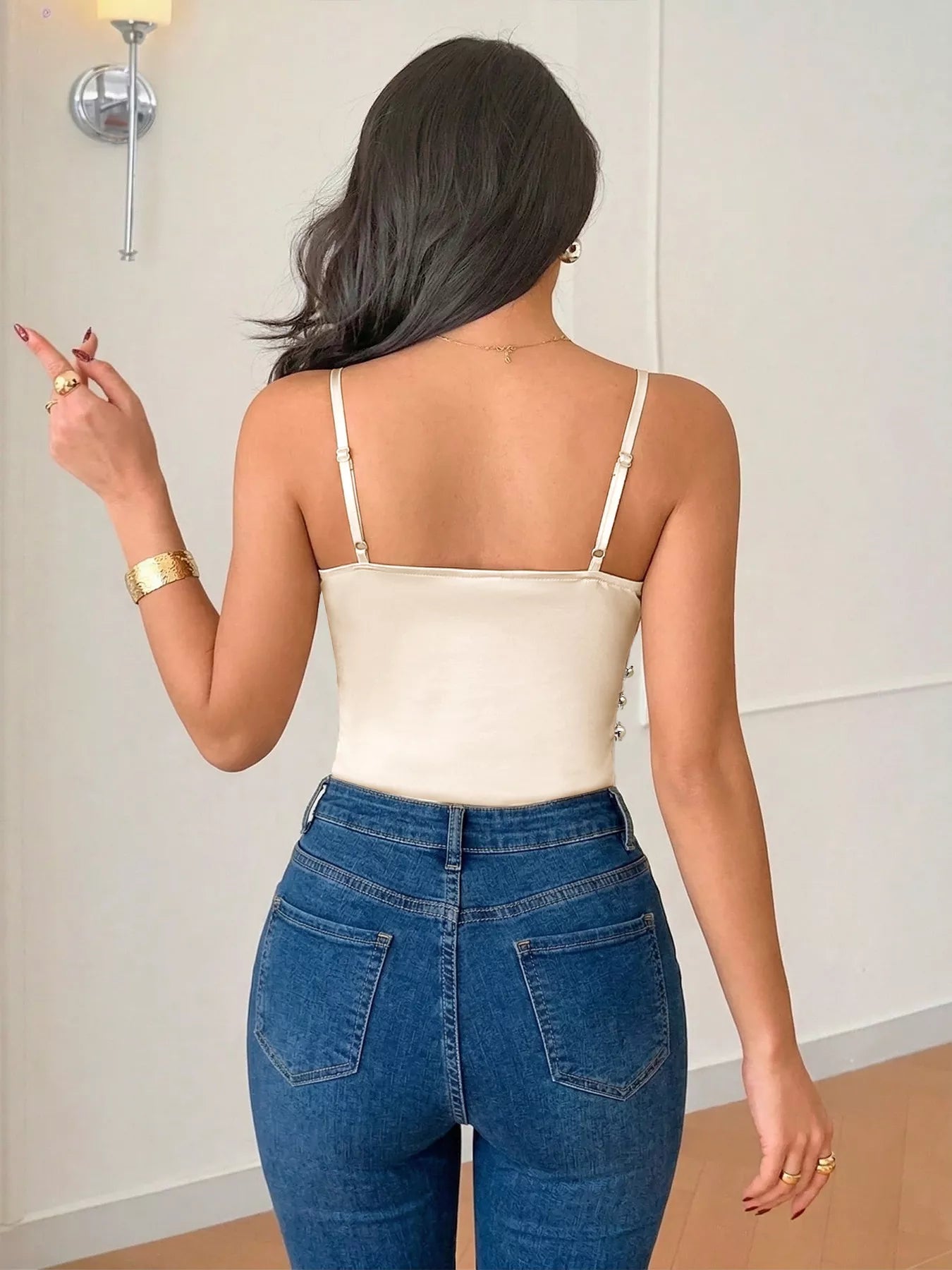 Trendy women bodysuit spaghetti strap ruched casual outfit