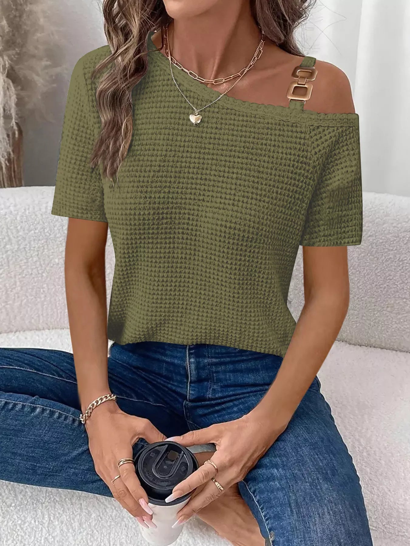 Everyday waffle knit t shirt women one shoulder chain style